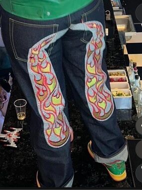 Evisu Dark Denim Jeans with Yellow, Red & Neon Green Flame Embroidery